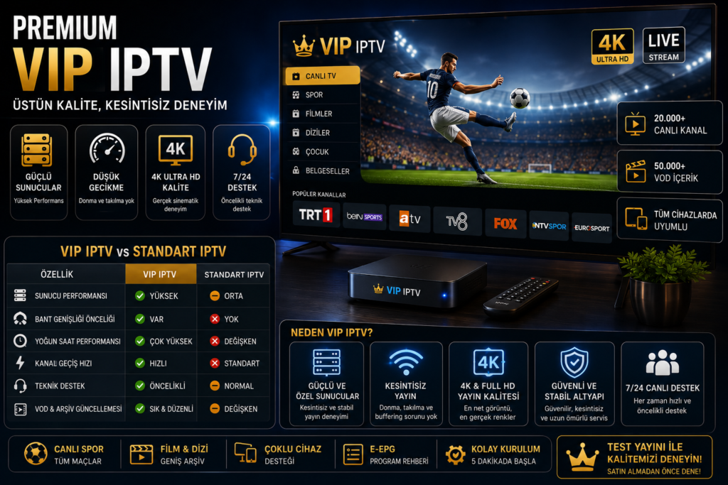 Premium VIP IPTV aboneliği ile 4K yayın kalitesi, güçlü sunucu altyapısı ve kesintisiz IPTV deneyimi