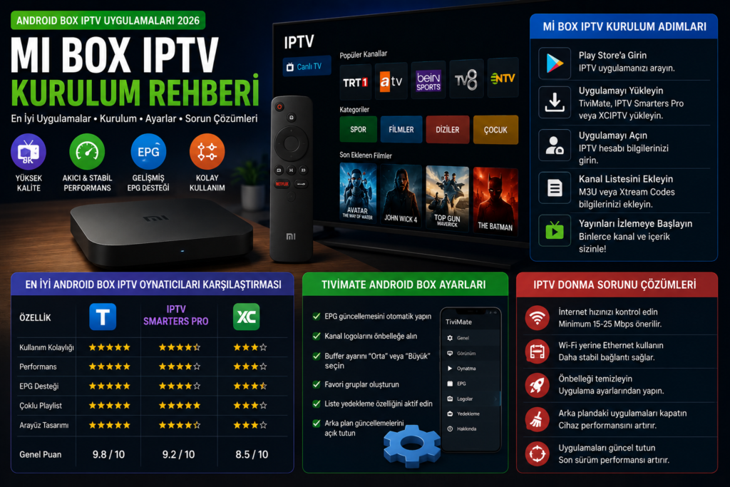 Mi Box IPTV kurulumu rehberi ile Android Box IPTV uygulamaları, TiviMate ayarları ve IPTV donma sorunu çözümleri
