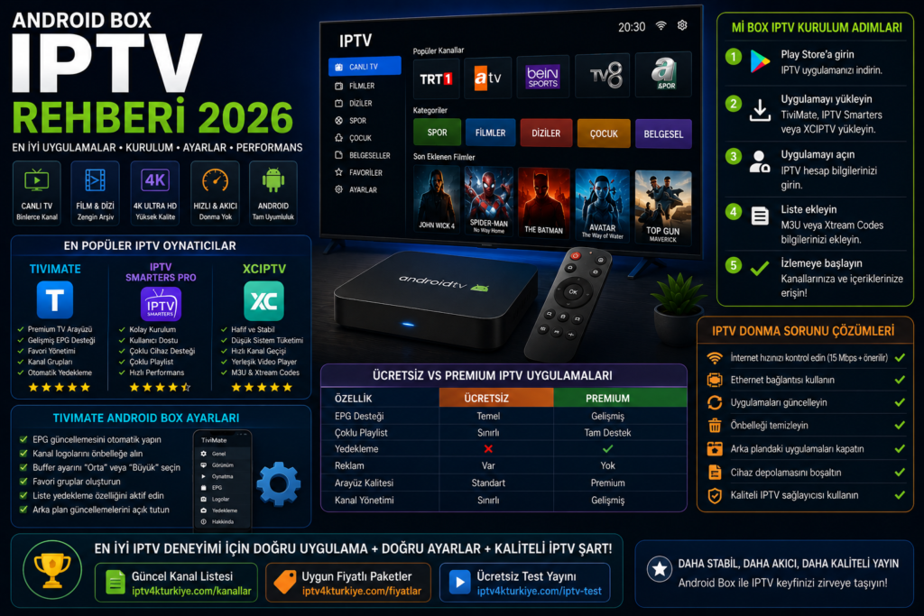 Android Box IPTV uygulamaları rehberi 2026, Mi Box IPTV kurulumu, TiviMate ayarları ve IPTV donma sorunu çözümü