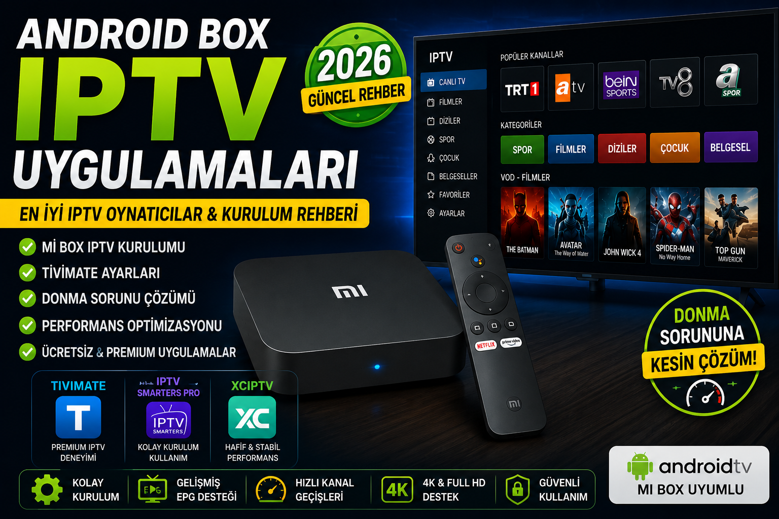 Android Box IPTV uygulamaları 2026 rehberi, Mi Box IPTV kurulumu, TiviMate ayarları ve en iyi IPTV oynatıcı karşılaştırması