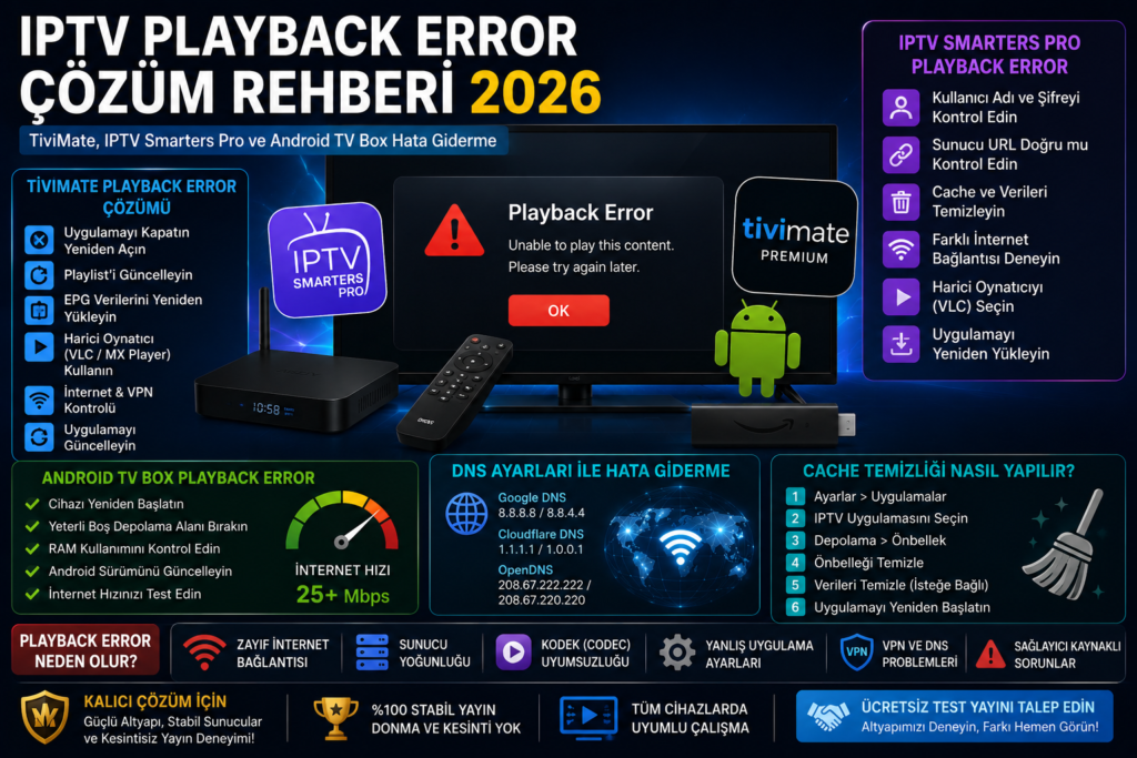 TiviMate playback error çözümü, IPTV Smarters Pro playback error, Android TV Box IPTV playback error ve DNS ayarları ile hata giderme rehberi