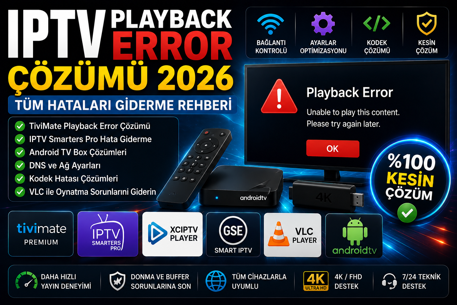 IPTV Playback Error çözümü 2026 rehberi, TiviMate Playback Error çözümü, IPTV Smarters Pro hata giderme ve Android TV Box IPTV sorunları