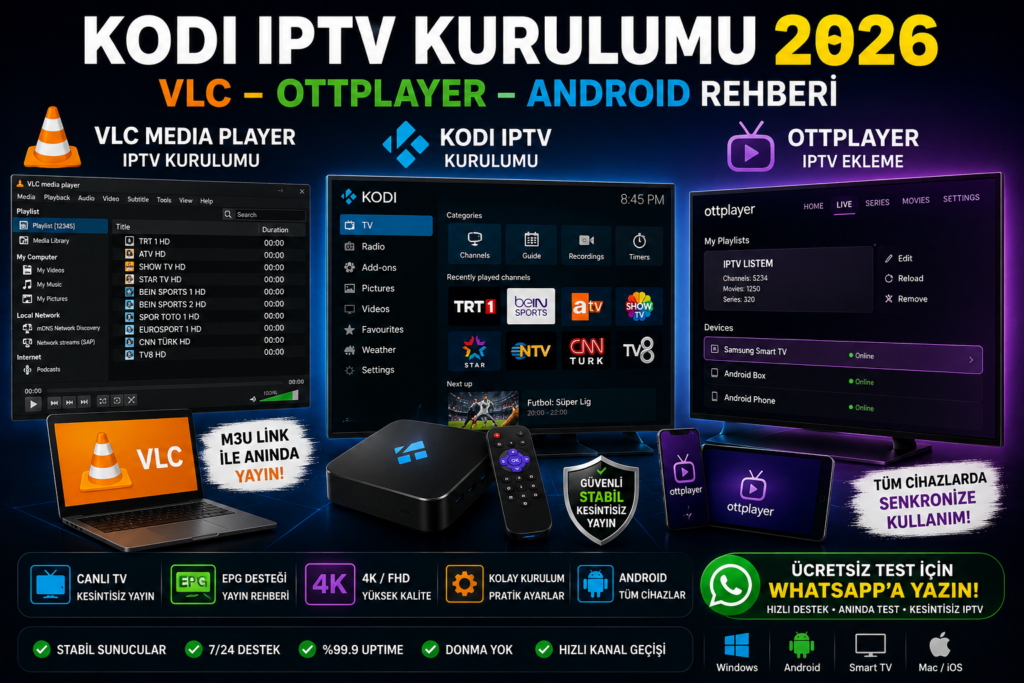 VLC Media Player IPTV kurulumu, Kodi IPTV kurulumu, OTTPlayer IPTV ekleme ve Android IPTV oynatıcı rehberi 2026