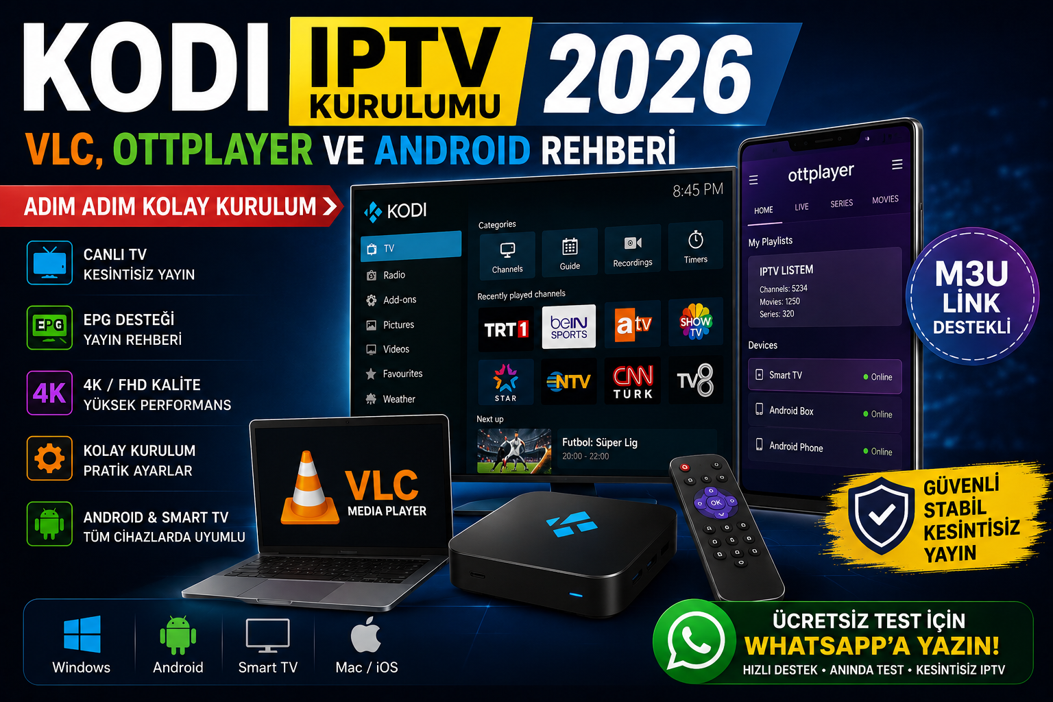 Kodi IPTV kurulumu 2026 rehberi, VLC Media Player IPTV, OTTPlayer IPTV ekleme ve Android IPTV ayarları